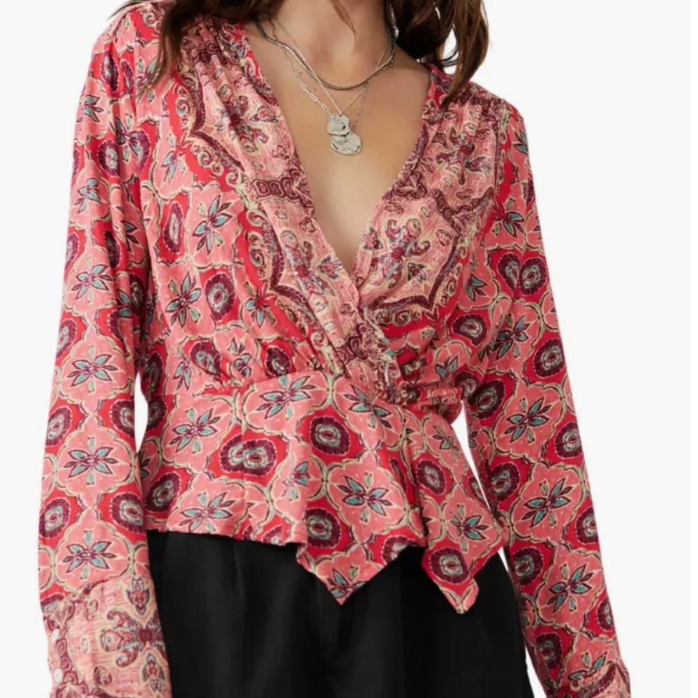 Free People "Falling For You" Floral Print Peplum Top Hibiscus Combo Small Boho